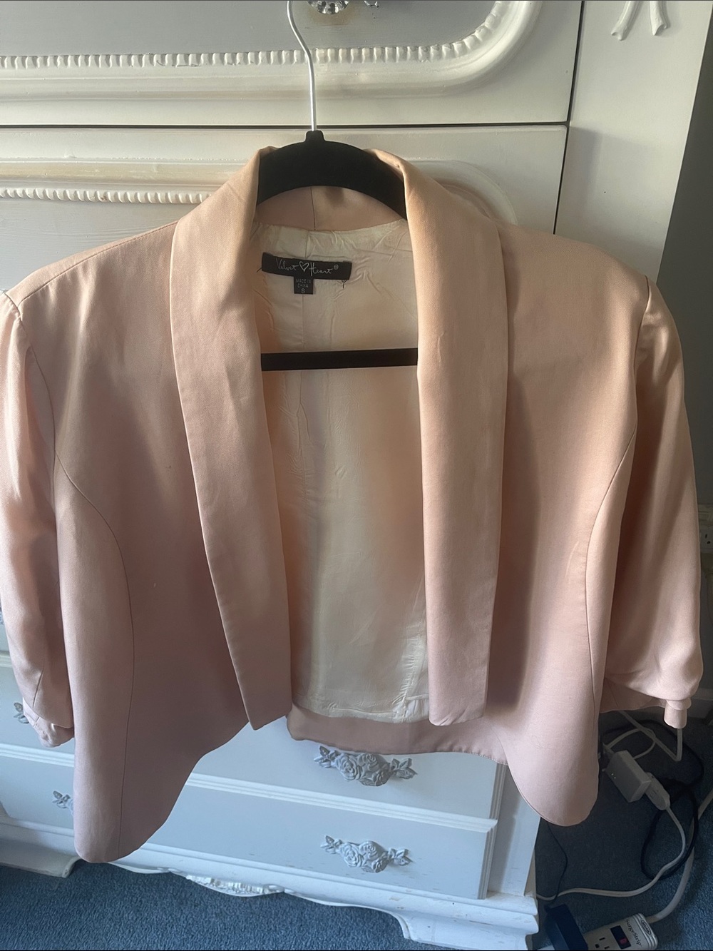 Velvet Heart Blush Pink Cropped Shawl Collar Blazer
